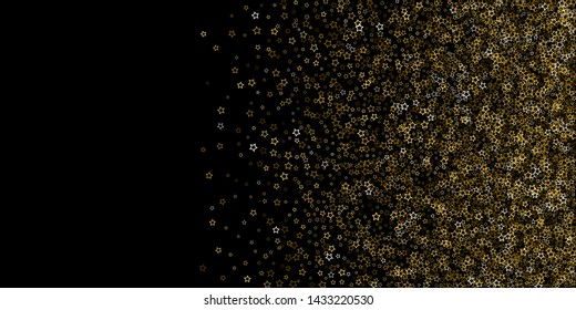 Gold Glitter Stars. Luxury Shiny Confetti. Scattered little sparkle. Flash glow silver, elements. Random magic tiny light. Gold stellar fall black background. New Year, Christmas Vector illustration.