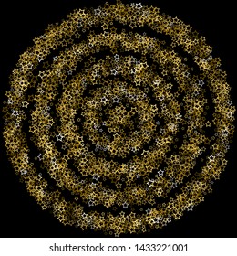 Gold Glitter Stars. Luxury Shiny Confetti. Scattered little sparkle. Flash glow silver, elements. Random magic tiny light. Gold stellar fall black background. New Year, Christmas Vector illustration.