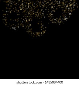 Gold Glitter Stars. Luxury Shiny Confetti. Scattered little sparkle. Flash glow silver, elements. Random magic tiny light. Gold stellar fall black background. New Year, Christmas Vector illustration.