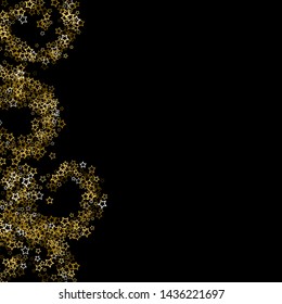 Gold Glitter Stars. Luxury Shiny Confetti. Scattered little sparkle. Flash glow silver, elements. Random magic tiny light. Gold stellar fall black background. New Year, Christmas Vector illustration.
