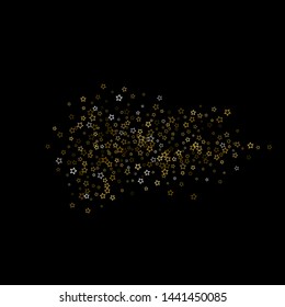 Gold Glitter Stars. Luxury Shiny Confetti. Scattered little sparkle. Flash glow silver, elements. Random magic tiny light. Gold stellar fall black background. New Year, Christmas Vector illustration.