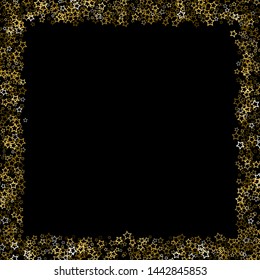 Gold Glitter Stars. Luxury Shiny Confetti. Scattered little sparkle. Flash glow silver, elements. Random magic tiny light. Gold stellar fall black background. New Year, Christmas Vector illustration.