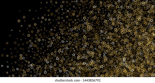 Gold Glitter Stars. Luxury Shiny Confetti. Scattered little sparkle. Flash glow silver, elements. Random magic tiny light. Gold stellar fall black background. New Year, Christmas Vector illustration.