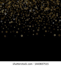 Gold Glitter Stars. Luxury Shiny Confetti. Scattered little sparkle. Flash glow silver, elements. Random magic tiny light. Gold stellar fall black background. New Year, Christmas Vector illustration.