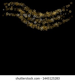 Gold Glitter Stars. Luxury Shiny Confetti. Scattered little sparkle. Flash glow silver, elements. Random magic tiny light. Gold stellar fall black background. New Year, Christmas Vector illustration.
