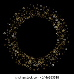 Gold Glitter Stars. Luxury Shiny Confetti. Scattered little sparkle. Flash glow silver, elements. Random magic tiny light. Gold stellar fall black background. New Year, Christmas Vector illustration.