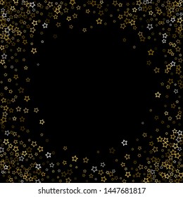 Gold Glitter Stars. Luxury Shiny Confetti. Scattered little sparkle. Flash glow silver, elements. Random magic tiny light. Gold stellar fall black background. New Year, Christmas Vector illustration.