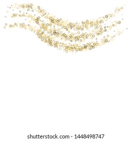Gold Glitter Stars. Luxury Shiny Confetti. Scattered little sparkle. Flash glow silver, elements. Random magic tiny light. Gold stellar fall white background. New Year, Christmas Vector illustration.