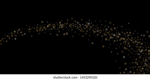 Gold Glitter Stars. Luxury Shiny Confetti. Scattered little sparkle. Flash glow silver, elements. Random magic tiny light. Gold stellar fall black background. New Year, Christmas Vector illustration.