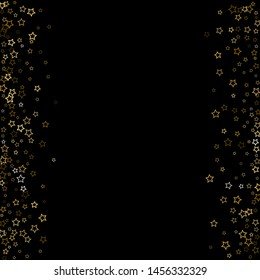 Gold Glitter Stars. Luxury Shiny Confetti. Scattered little sparkle. Flash glow silver, elements. Random magic tiny light. Gold stellar fall black background. New Year, Christmas Vector illustration.