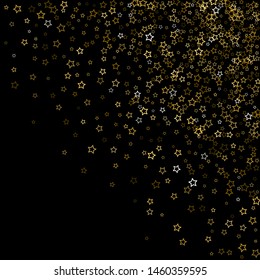 Gold Glitter Stars. Luxury Shiny Confetti. Scattered little sparkle. Flash glow silver, elements. Random magic tiny light. Gold stellar fall black background. New Year, Christmas Vector illustration.
