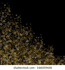Gold Glitter Stars. Luxury Shiny Confetti. Scattered little sparkle. Flash glow silver, elements. Random magic tiny light. Gold stellar fall black background. New Year, Christmas Vector illustration.