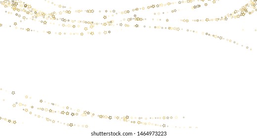 Gold Glitter Stars. Luxury Shiny Confetti. Scattered little sparkle. Flash glow silver, elements. Random magic tiny light. Gold stellar fall white background. New Year, Christmas Vector illustration.
