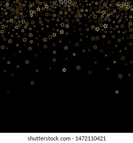 Gold Glitter Stars. Luxury Shiny Confetti. Scattered little sparkle. Flash glow silver, elements. Random magic tiny light. Gold stellar fall black background. New Year, Christmas Vector illustration.