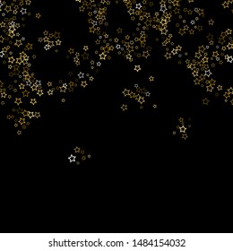 Gold Glitter Stars. Luxury Shiny Confetti. Scattered little sparkle. Flash glow silver, elements. Random magic tiny light. Gold stellar fall black background. New Year, Christmas Vector illustration.