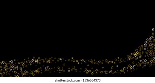 Gold Glitter Stars. Luxury Shiny Confetti. Scattered little sparkle. Flash glow silver, elements. Random magic tiny light. Gold stellar fall black background. New Year, Christmas Vector illustration.