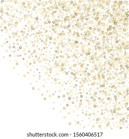 Gold Glitter Stars. Luxury Shiny Confetti. Scattered little sparkle. Flash glow silver, elements. Random magic tiny light. Gold stellar fall white background. New Year, Christmas Vector illustration.