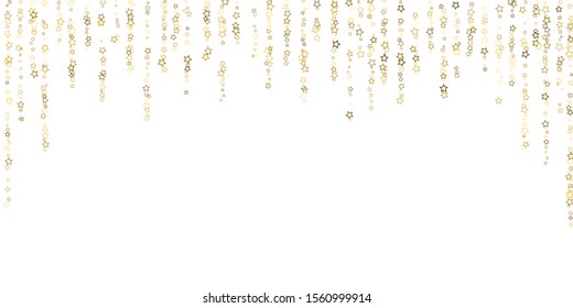 Gold Glitter Stars. Luxury Shiny Confetti. Scattered little sparkle. Flash glow silver, elements. Random magic tiny light. Gold stellar fall white background. New Year, Christmas Vector illustration.