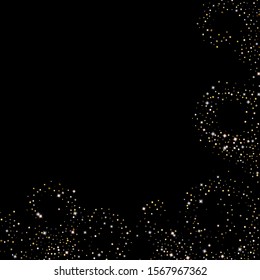 Gold Glitter Stars. Luxury Shiny Confetti. Scattered little sparkle. Flash glow silver element. Random magic tiny light. Hexagon stellar fall black background. New Year, Christmas Vector illustration.