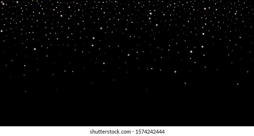 Gold Glitter Stars. Luxury Shiny Confetti. Scattered little sparkle. Flash glow silver element. Random magic tiny light. Hexagon stellar fall black background. New Year, Christmas Vector illustration.
