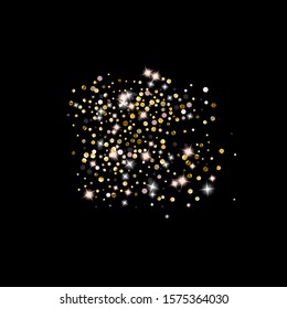 Gold Glitter Stars. Luxury Shiny Confetti. Scattered little sparkle. Flash glow silver element. Random magic tiny light. Hexagon stellar fall black background. New Year, Christmas Vector illustration.