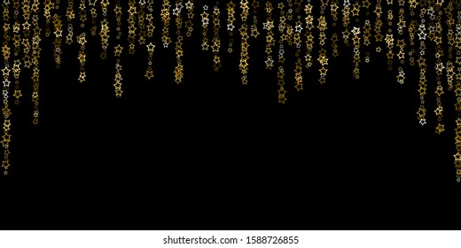 Gold Glitter Stars. Luxury Shiny Confetti. Scattered little sparkle. Flash glow silver, elements. Random magic tiny light. Gold stellar fall black background. New Year, Christmas Vector illustration.