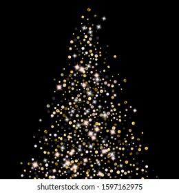 Gold Glitter Stars. Luxury Shiny Confetti. Scattered little sparkle. Flash glow silver element. Random magic tiny light. Hexagon stellar fall black background. New Year, Christmas Vector illustration.