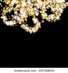 Gold Glitter Stars. Luxury Shiny Confetti. Scattered little sparkle. Flash glow silver element. Random magic tiny light. Hexagon stellar fall black background. New Year, Christmas Vector illustration.