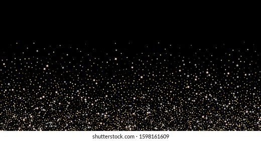 Gold Glitter Stars. Luxury Shiny Confetti. Scattered little sparkle. Flash glow silver element. Random magic tiny light. Hexagon stellar fall black background. New Year, Christmas Vector illustration.