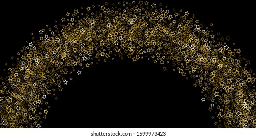 Gold Glitter Stars. Luxury Shiny Confetti. Scattered little sparkle. Flash glow silver, elements. Random magic tiny light. Gold stellar fall black background. New Year, Christmas Vector illustration.