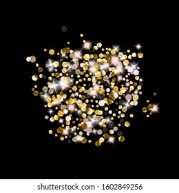 Gold Glitter Stars. Luxury Shiny Confetti. Scattered little sparkle. Flash glow silver element. Random magic tiny light. Hexagon stellar fall black background. New Year, Christmas Vector illustration.