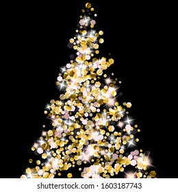 Gold Glitter Stars. Luxury Shiny Confetti. Scattered little sparkle. Flash glow silver element. Random magic tiny light. Hexagon stellar fall black background. New Year, Christmas Vector illustration.