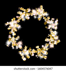 Gold Glitter Stars. Luxury Shiny Confetti. Scattered little sparkle. Flash glow silver element. Random magic tiny light. Hexagon stellar fall black background. New Year, Christmas Vector illustration.