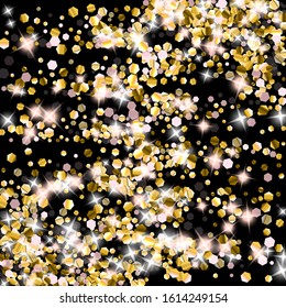 Gold Glitter Stars. Luxury Shiny Confetti. Scattered little sparkle. Flash glow silver element. Random magic tiny light. Hexagon stellar fall black background. New Year, Christmas Vector illustration.