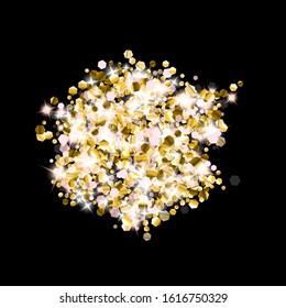 Gold Glitter Stars. Luxury Shiny Confetti. Scattered little sparkle. Flash glow silver element. Random magic tiny light. Hexagon stellar fall black background. New Year, Christmas Vector illustration.