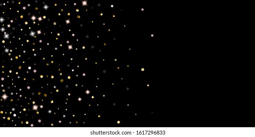 Gold Glitter Stars. Luxury Shiny Confetti. Scattered little sparkle. Flash glow silver element. Random magic tiny light. Hexagon stellar fall black background. New Year, Christmas Vector illustration.