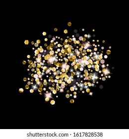 Gold Glitter Stars. Luxury Shiny Confetti. Scattered little sparkle. Flash glow silver element. Random magic tiny light. Hexagon stellar fall black background. New Year, Christmas Vector illustration.