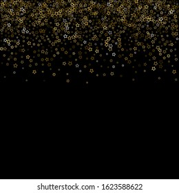 Gold Glitter Stars. Luxury Shiny Confetti. Scattered little sparkle. Flash glow silver, elements. Random magic tiny light. Gold stellar fall black background. New Year, Christmas Vector illustration.