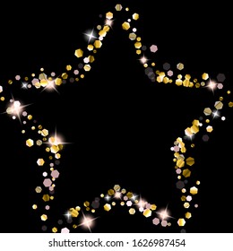 Gold Glitter Stars. Luxury Shiny Confetti. Scattered little sparkle. Flash glow silver element. Random magic tiny light. Hexagon stellar fall black background. New Year, Christmas Vector illustration.