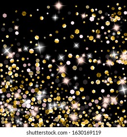 Gold Glitter Stars. Luxury Shiny Confetti. Scattered little sparkle. Flash glow silver element. Random magic tiny light. Hexagon stellar fall black background. New Year, Christmas Vector illustration.