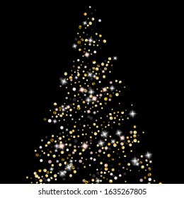 Gold Glitter Stars. Luxury Shiny Confetti. Scattered little sparkle. Flash glow silver element. Random magic tiny light. Hexagon stellar fall black background. New Year, Christmas Vector illustration.