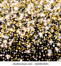 Gold Glitter Stars. Luxury Shiny Confetti. Scattered little sparkle. Flash glow silver element. Random magic tiny light. Hexagon stellar fall black background. New Year, Christmas Vector illustration.