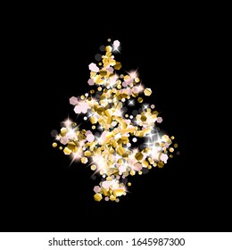 Gold Glitter Stars. Luxury Shiny Confetti. Scattered little sparkle. Flash glow silver element. Random magic tiny light. Hexagon stellar fall black background. New Year, Christmas Vector illustration.