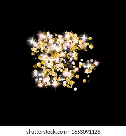 Gold Glitter Stars. Luxury Shiny Confetti. Scattered little sparkle. Flash glow silver element. Random magic tiny light. Hexagon stellar fall black background. New Year, Christmas Vector illustration.
