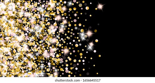 Gold Glitter Stars. Luxury Shiny Confetti. Scattered little sparkle. Flash glow silver element. Random magic tiny light. Hexagon stellar fall black background. New Year, Christmas Vector illustration.