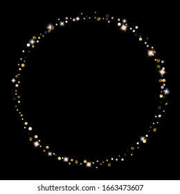 Gold Glitter Stars. Luxury Shiny Confetti. Scattered little sparkle. Flash glow silver element. Random magic tiny light. Hexagon stellar fall black background. New Year, Christmas Vector illustration.