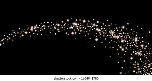 Gold Glitter Stars. Luxury Shiny Confetti. Scattered little sparkle. Flash glow silver element. Random magic tiny light. Hexagon stellar fall black background. New Year, Christmas Vector illustration.
