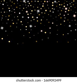 Gold Glitter Stars. Luxury Shiny Confetti. Scattered little sparkle. Flash glow silver element. Random magic tiny light. Hexagon stellar fall black background. New Year, Christmas Vector illustration.