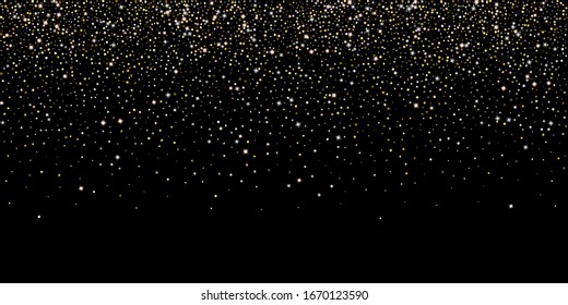 Gold Glitter Stars. Luxury Shiny Confetti. Scattered little sparkle. Flash glow silver element. Random magic tiny light. Hexagon stellar fall black background. New Year, Christmas Vector illustration.