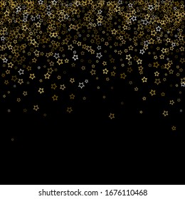 Gold Glitter Stars. Luxury Shiny Confetti. Scattered little sparkle. Flash glow silver, elements. Random magic tiny light. Gold stellar fall black background. New Year, Christmas Vector illustration.